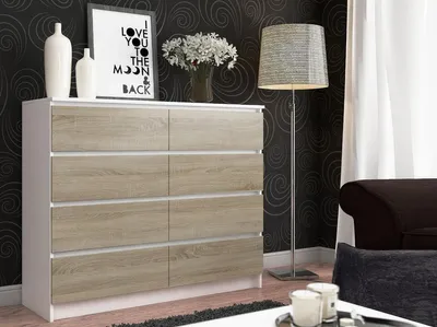 Produktbild von Kommode – Sideboard – Schubladenkommode – 120 cm – Weiß / Sonoma Eiche – Geräumige Aufbewahrung mit 8 Schubladen
