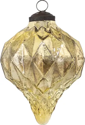 A single gold-colored glass Christmas ornament with a diamond-shaped pattern and a pointed bottom.