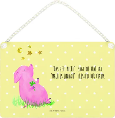 Produktbild von Mr. & Mrs. Panda Schild Schwein Glück DIN A4 - Gelb Pastell - Geschenk, Wandbild Holz, Sterne, Türschild, Lustige Sprüche, Ziele, Holzschild, Glücksbringer, Träume
