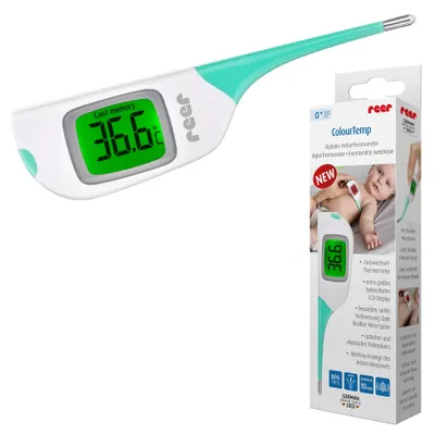 Produktbild von reer ColourTemp Fieberthermometer mit großen Display, Kontakt-Thermometer, Grün, Weiß, Unterarm, Tasten, °C, Körpertemperatur
