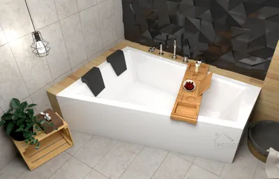 Produktbild von ECOLAM Badewanne Intima Duo Eckwanne für Zwei 180x125 cm LINKS + Ablage Bambus + Schürze aus Acryl + 2x Kopfstütze Ab- und Überlauf Automatik Füße Silikon