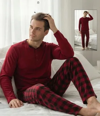 Obrázok produktu pre Pánska pyžamo, červená farba, veľkosť XL, materiál: bavlna, dlhé rukávy, model M-75