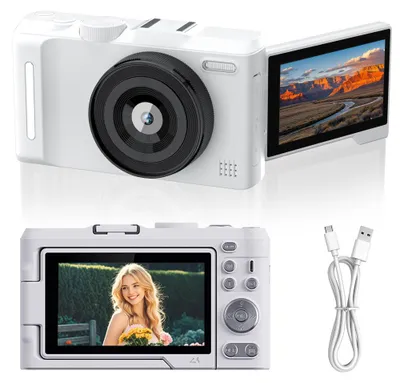 Obrázok produktu pre ZELURXX Retro digitálny fotoaparát 4K 4800 MP, 18-násobný zoom, širokouhlý objektív F1.8, prenosná kamera na vlogovanie s otočným 3-palcovým displejom, vhodná na vlogovanie a ako darček, biela