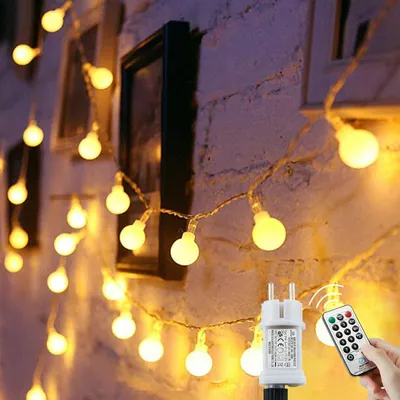 Obrázok produktu pre LED svetelný reťazec, 15 metrov, 120 LED, s konektorom, krytie IP44 (vodotesný), diaľkové ovládanie, teplá biela farba, vianočná dekorácia
