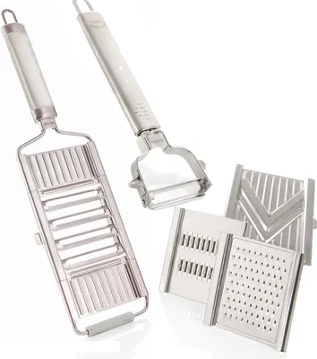 A collection of stainless steel kitchen graters and peelers on a white background.