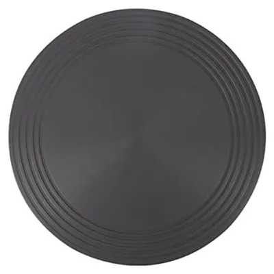 A top-down view of a round, dark gray heat diffuser plate with concentric rings on its surface.