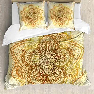 Immagine prodotto di Set copripiumino ABAKUHAUS in stile orientale, antico mandala artistico su sfondo grunge con motivi tradizionali asiatici, 155 x 220 cm + 80 x 80 cm, arancione scuro e giallo pallido