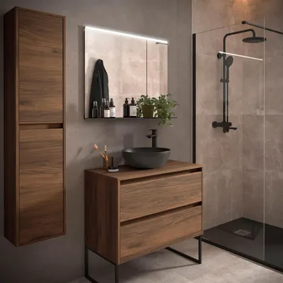 Image de Meubles de salle de bain BALTIC 800, 2 tiroirs, en bois de noyer MAYA, + plateau de vasque