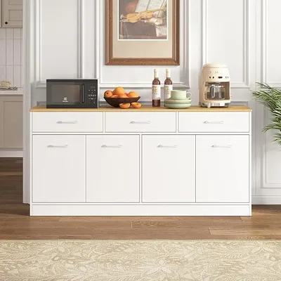 Produktbild von Küchenschrank Sideboard 160 cm mit 3 Schubladen und verstellbaren Einlegeböden, Kücheninsel mit Arbeitsplatte in Holzoptik, Vorratsschrank für Küche, Esszimmer und Wohnzimmer, Weiß