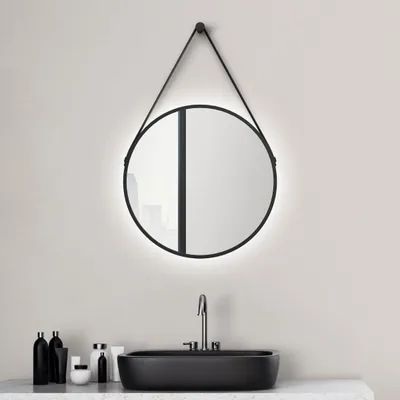 Produktbild von LED Wandspiegel 50 cm, schwarz, Alu, Licht neutralweiß, IP24, Lederband