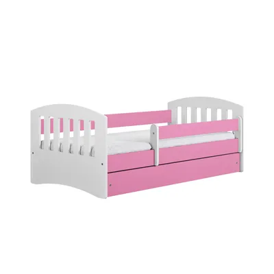 Image de Lit d'enfant 160x80 avec matelas, protection contre les chutes, sommier à lattes & tiroir en rose 80 x 160 Filles Garçons Lit Skandi Lit d'adolescent