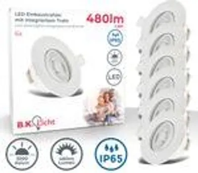 Product packaging for LED downlights, showing a single light fixture and a stack of six.