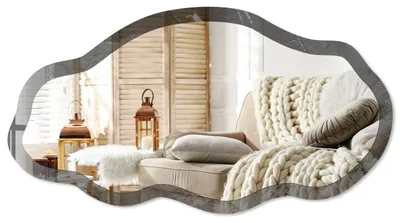 Imagen del producto de Espejo de pared moderno con un borde decorativo, de 90x45 cm. Espejo asimétrico de diseño libre, ideal para decorar salones, pasillos y dormitorios. Color:  texturizado, Imagen generada por IA