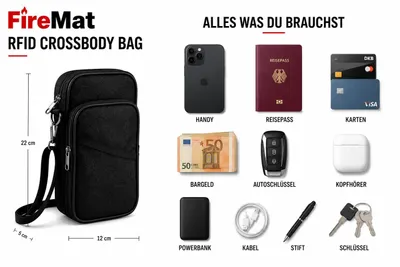 Immagine prodotto di FireMat Borsa a tracolla RFID Donna Uomo – Borsa a spalla, custodia per cellulare, borsa da viaggio, Travel Bag, organizer da viaggio, ignifuga, imper