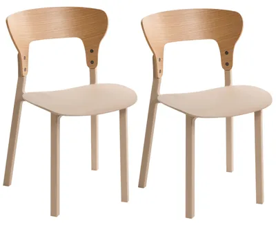 Produktbild von BELIANI Esszimmerstuhl 2er Set Hellbeige Kunststoff mit Geschwungener Rückenlehne Holzoptik ohne Armlehnen Retro Stil Stuhlset Küchenstühle