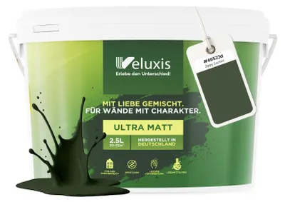 Produktbild von Wandfarbe Grün Dunkelgrün Braun Matt Innenfarbe – Deckkraft Klasse 1, VOC-frei, Ohne Grundierung, Tropfarm – Wohnzimmer & Schlafzimmer – 2,5L – Veluxis (Zippy Zucchini)