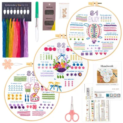 Stickerei-Set für Anfänger, 3-teilig, Blumenmuster, 33 Stichtechniken