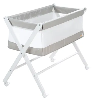 Productafbeelding van roba reisbed, inklapbaar, met wit gelakt hout, canvas- en mesh-materiaal, inclusief wielen en matras, wit-grijs