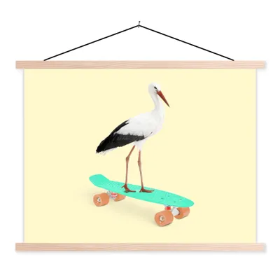 Produktbild von MuchoWow® Textilposter Storch - Tiere - Skateboard - Gelb 40x30 cm mit holzfarbenen Rahmen - Bilder