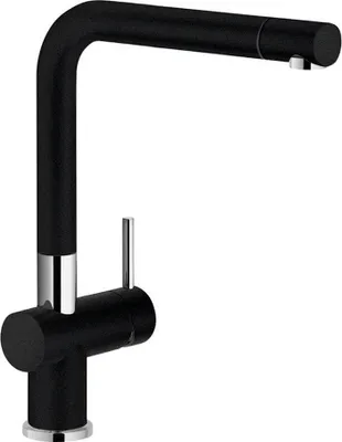 A black kitchen faucet with chrome accents is shown against a white background.