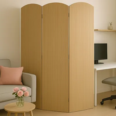 A room divider is shown in a home office/living room setting, separating a sofa area from a desk area.