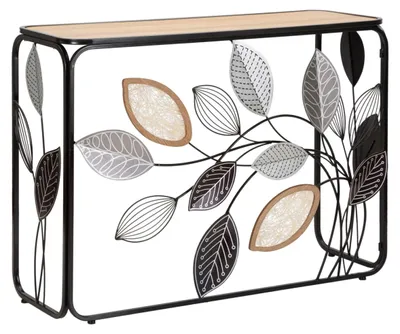 Image de Console Automne 108 X 36,8 X 80 Cm En Métal Noir Avec Feuilles Décoratives Et Plateau En Bois Brun - Style Bohème Chic