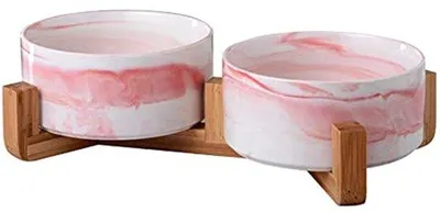 Image de Assiette en céramique pour chien avec récipient en bambou, assiette surélevée (double, 13,5 cm, marbre rose)