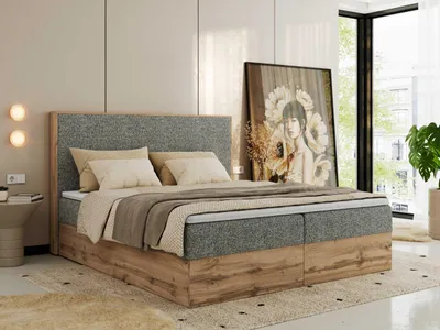 Produktbild von MKS MEBLE Boxspringbett WOOD CLASSIC, Komplett Set mit Multipocket-Matratze und Topper T25, Doppelbett für Schlafzimmer, hohe Kopfteil - 140 x 200 cm - H4 - Grau Struktur
