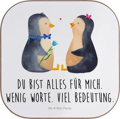 Produktbild von Mr. & Mrs. Panda Untersetzer für Gläser Pinguin Pärchen - Weiß - Geschenk, Liebe, Coaster, Hochzeit, Kaffeeuntersetzer, gläseruntersetzer, Tassen, Holzuntersetzer