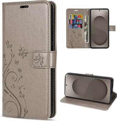 Produktbild von Hülle für Samsung Galaxy S26 5G Handyhülle Wallet Case Kartenfächern Blume Grau