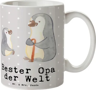 Produktbild von Mr. & Mrs. Panda Kaffeetasse Pinguin Bester Opa der Welt - Grau Pastell - Geschenk, Kleinigkeit, Grossvater, Teetasse, Geburtstag, Tasse, Danke, Keramiktasse, schöne