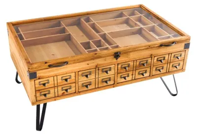 Produktbild von Couchtisch CURIONA 100 cm mit Glasplatte und 8 Schubladen im Industriestil