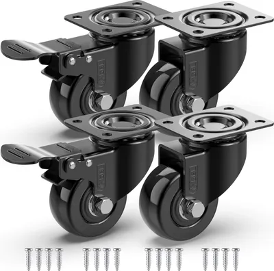 A set of four black heavy-duty casters with brakes and screws, presented on a white background.