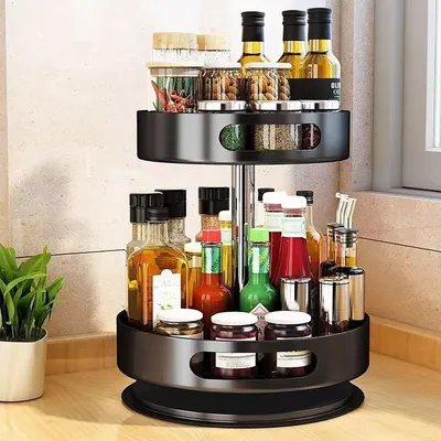 Immagine prodotto di Omgoods - Porta spezie regolabile in altezza - Rotante - Doppio ripiano - Acciaio al carbonio - Organizzatore per la cucina - Design pratico - Organizzatore da cucina