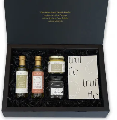 Produktbild von Lussiero Geschenkbox - Goldene Geschmacksreise - Geschenkset aus italienischer Bianchetto Trüffelsauce, Trüffelbutter, schwarzem und weißem Trüffelöl Präsentkorb Geschenkkorb für Gourmets
