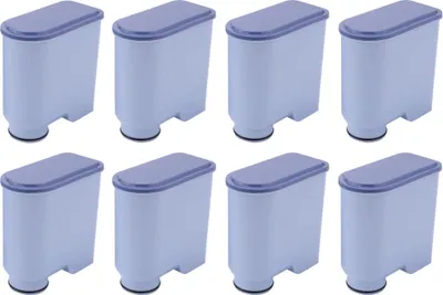A set of eight water filter cartridges arranged in two rows of four.