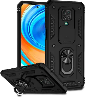 Image de Étui pour Xiaomi Redmi Note 9S/9 Pro/9 Pro Max étui double couche avec couvercle coulissant pour l'appareil photo et anneau de support noir