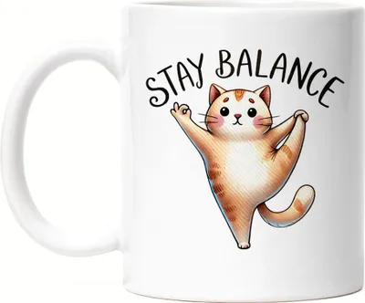 Produktbild von Stay Balance Tasse Weiß Geschenkidee für Katzenliebhaber und Yogafans