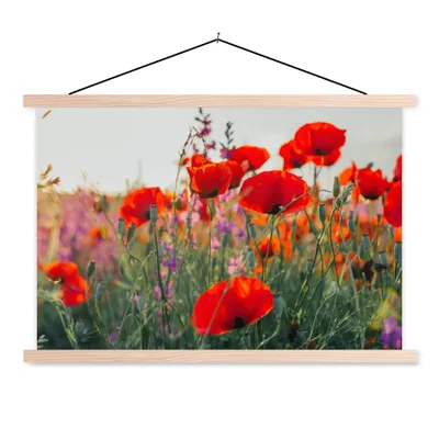 Produktbild von MuchoWow® Textilposter Mohn - Blumen - Rot - Lila - Wiese 60x40 cm mit holzfarbenen Rahmen - Bilder