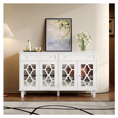 Produktbild von Sideboard mit Spiegeltüren, Anrichte Buffet Buffetschrank mit 2 Schubladen, verstellbarem Regal und Kristallgriffen, modernes Design für Wohnzimmer oder Flur, 140 x 40 x 83 cm, Weiß