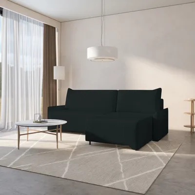 Produktbild von MOEBLO Ecksofa aus Cord – Ottomane beidseitig montierbar, Ecksofa , Couch für Wohnzimmer, Schlafsofa Sofagarnitur Sofa Eckcouch L-Form Cordstoff mit Bettkasten und Schlaffunktion - Ecksofa Rocky - Rechts, Schwarz (Poso 135)