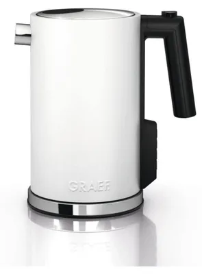 A white electric kettle with a black handle and base, shown from the front-right on a reflective surface.