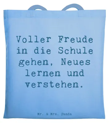 Produktbild von Mr. & Mrs. Panda Schultasche Spruch Schulanfang Freude - Sky Blue - Geschenk, Vertrauem, Motivation, Shopping Tasche, Laptoptasche, Abenteuer, Einkaufstasche, Trost, Mut