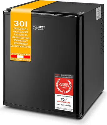 Produktbild von TZS First Austria Mini Kühlschrank 30L, Getränkekühlschrank Schwarz Matt- Minibar lautlos 22dB, LED-Beleuchtung, Minikühlschrank, Kühlschrank