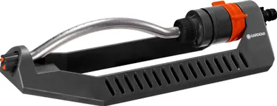A Gardena oscillating sprinkler is shown against a white background.