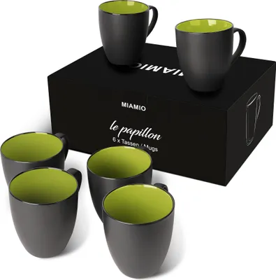 Produktbild von MIAMIO - 6 x 350 ml Kaffeetassen Set Außen Schwarz Innen Farbig (Grün)
