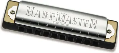 A Suzuki Harpmaster harmonica is shown against a white background.