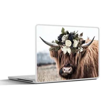 Produktbild von MuchoWow® Laptop Aufkleber Sticker Cover Schottische Highlander - Blumen - Hoorn 32.5x23.5 cm - Sticker für Laptop - Selbstklebend