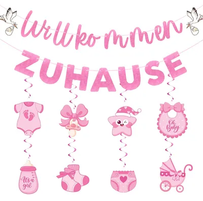Willkommensgirlande rosa Glitzer, 8 Spiral-Deko, Babymotive