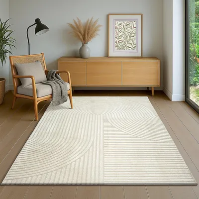 Productafbeelding van Modern tapijt met korte pool, geschikt voor woonkamer en slaapkamer, met een hoog-laag effect, 3D-effect en een hoge pooldichtheid, kleur crème, afmetingen 80 x 150 cm